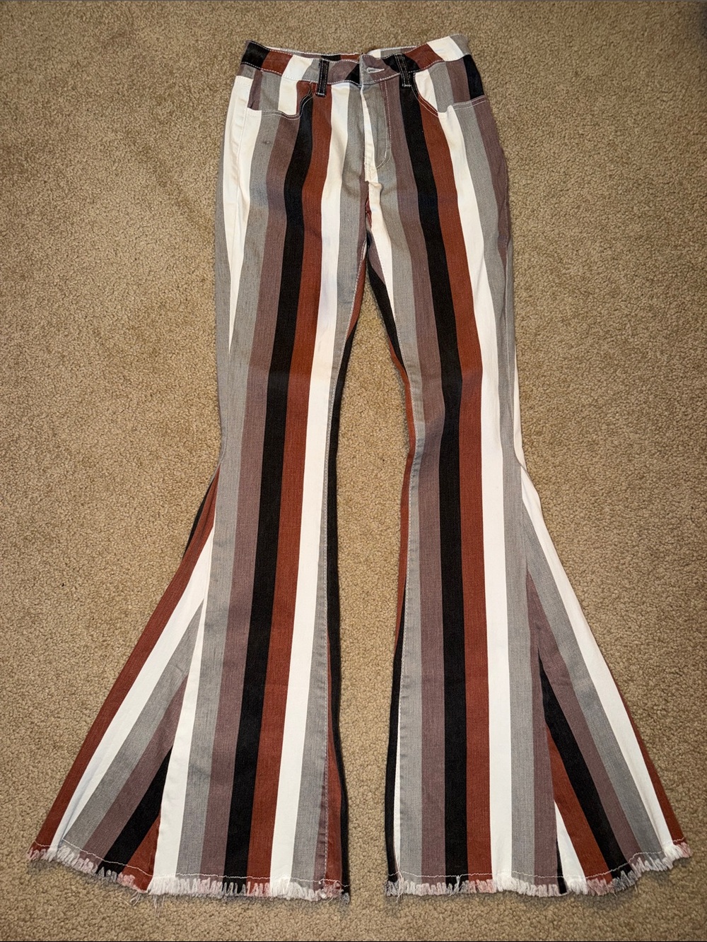 Retro Multi-Stripe Bell Bottom Jeans - Brown, Black, Cream